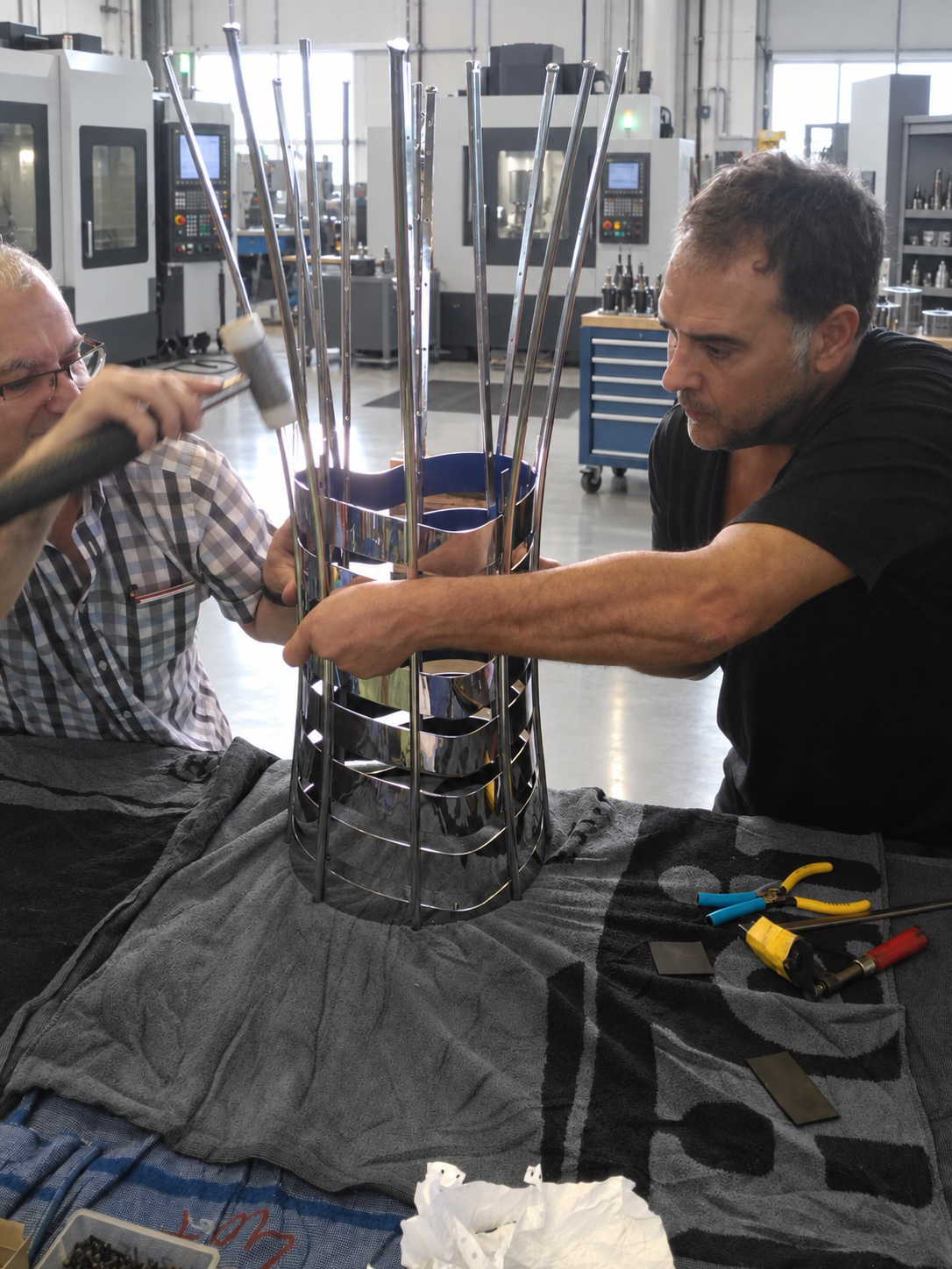 Montaje del trofeo de Ocean Race en el taller